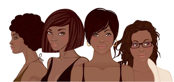 Ομάδα των αφροαμερικάνων όμορφα κορίτσια. Προσωπογραφία γυναίκας. Μαύρο β — Διανυσματικό Αρχείο