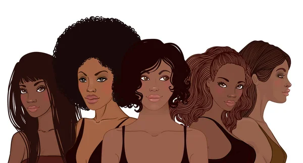 Grupo de meninas bonitas afro-americanas. Retrato feminino. Preto b —  Vetores de Stock