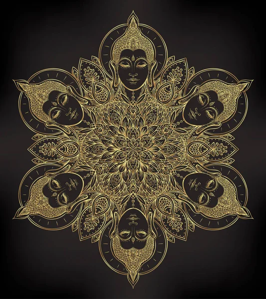 Visages de Bouddha en motif rond mandala orné. vintage ésotérique v — Image vectorielle