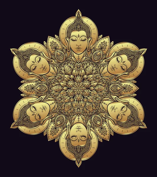 Boeddha gezichten in sierlijke mandala ronde patroon. Esoterische vintage v — Stockvector