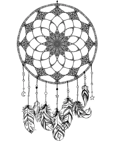 Mão desenhado nativo americano indiano talismã dreamcatcher com fea —  Vetores de Stock