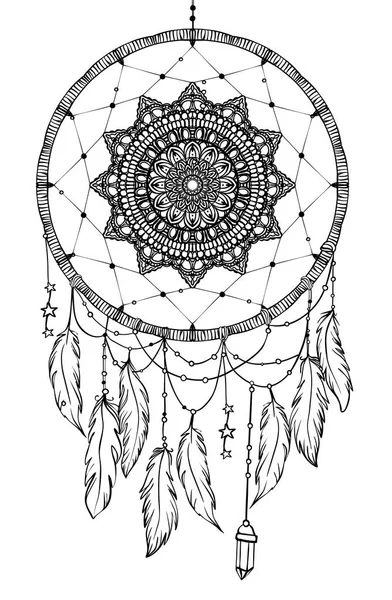 Mão desenhado nativo americano indiano talismã dreamcatcher com fea — Vetor de Stock