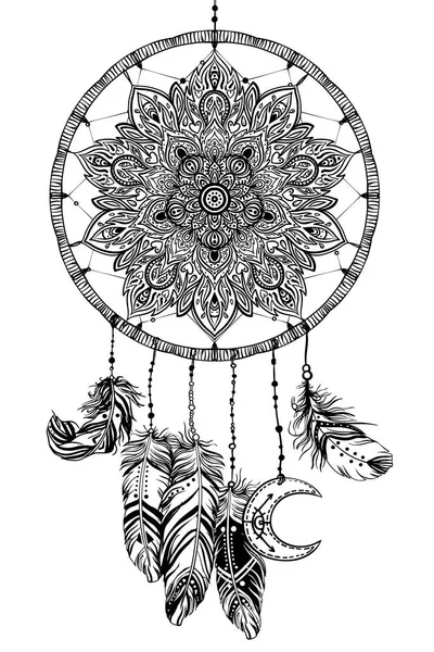 Hand drawn Native American Indian talisman dreamcatcher with fea — Stock Vector