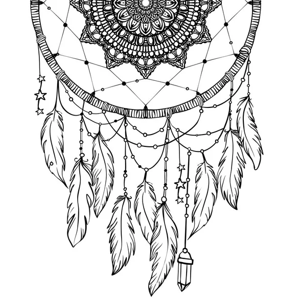Hand drawn Native American Indian talisman dreamcatcher with fea — Stock Vector