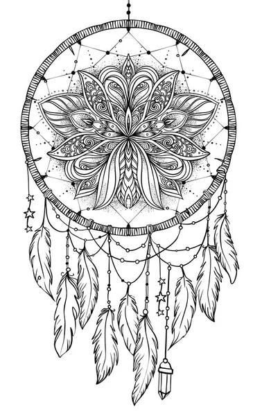 手描き fea とネイティブ ・ アメリカン ・ インディアンのお守りドリーム キャッチャー — ストックベクタ