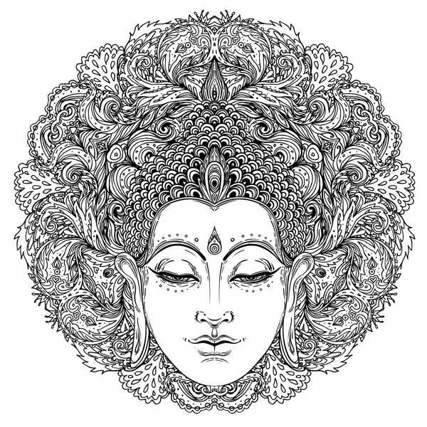 Buddha face over ornate mandala round pattern. Esoteric vintage — Stock Vector