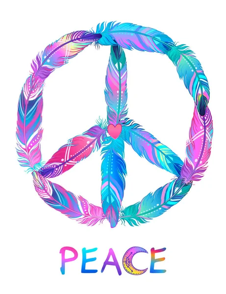 Peace sign made of colored bird feathers. Hippie symbol. Sixties — Stock Vector