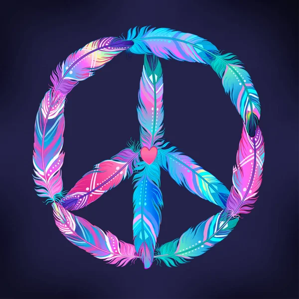 Segno di pace fatto di penne di uccello colorate. Simbolo hippie. Anni Sessanta — Vettoriale Stock