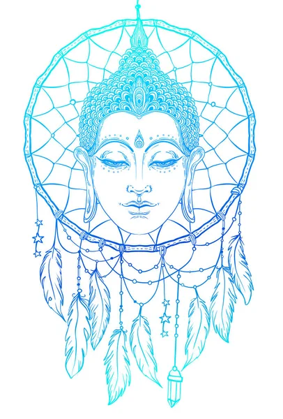 Buddha face over dreamcatcher round pattern. Esoteric vintage ve — Stock Vector