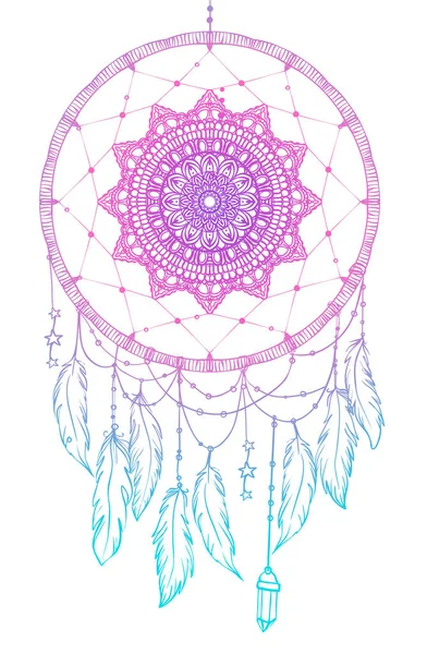 Mão desenhado nativo americano indiano talismã dreamcatcher com fea —  Vetores de Stock