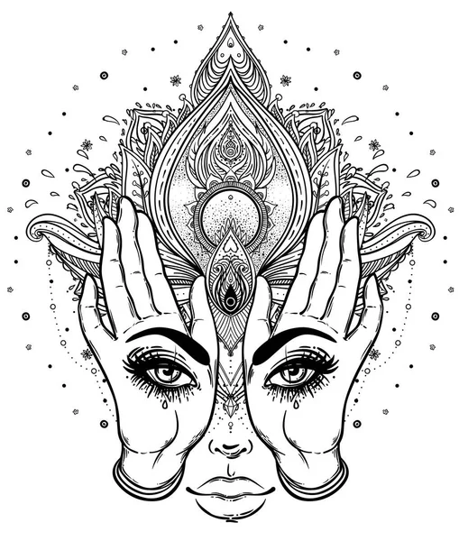 Μυστηριώδες πλάσμα με τα μάτια σχετικά με τα χέρια πάνω από το διάνυσμα ornamenta — Διανυσματικό Αρχείο