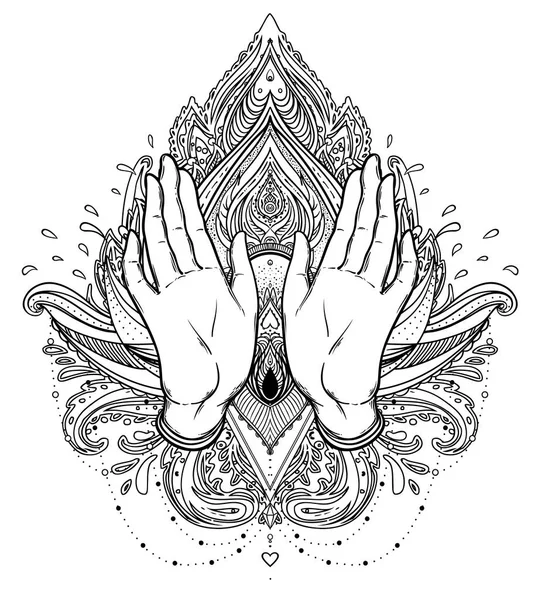 Vector ornamental Lotus flower and praying hands, patterned Indi — Stock Vector