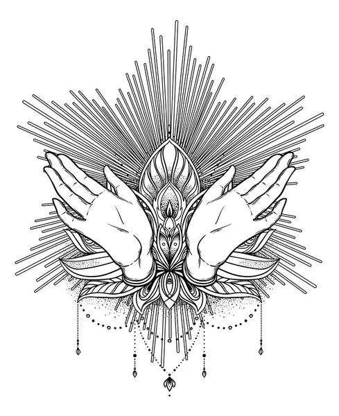 Vector ornamental Lotus floare și mâini de rugăciune, model Indi — Vector de stoc