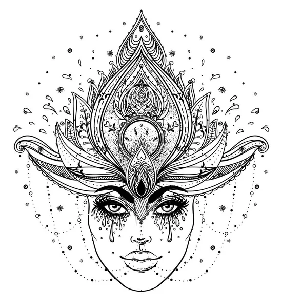 Tribal Fusion Boho Diva. Hermosa chica divina asiática con ornato — Vector de stock