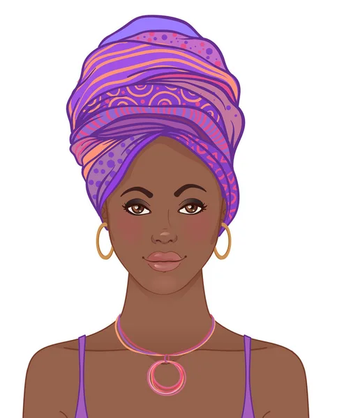 Portrait of beautiful African woman in turban. Tribal style fash — Stock Vector