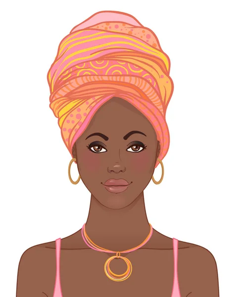 Portrait of beautiful African woman in turban. Tribal style fash — Stock Vector