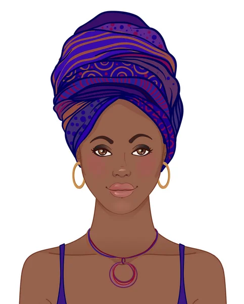 터 번에 아름 다운 아프리카 여자의 초상화입니다. 부족 스타일 패션 — 스톡 벡터