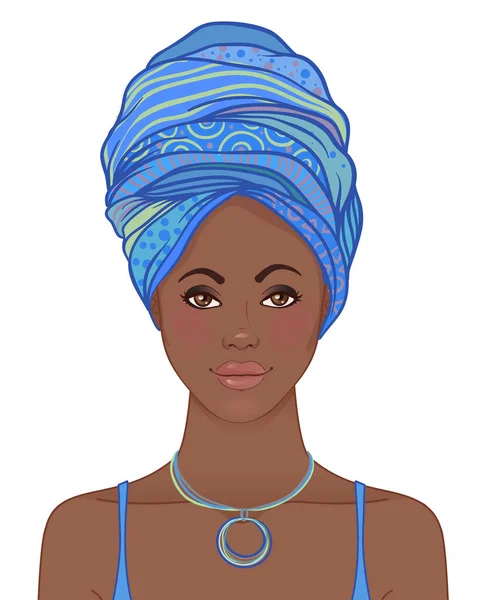 Portrait of beautiful African woman in turban. Tribal style fash — Stock Vector