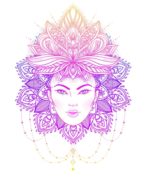 Tribal Fusion Boho Diva. Beautiful Asian divine girl with ornate — Stock Vector