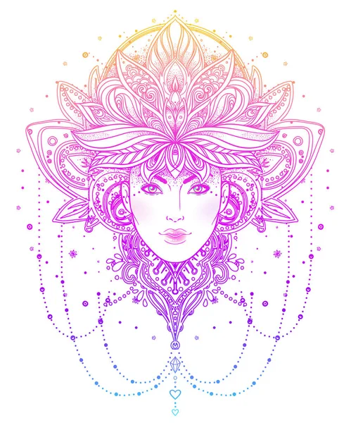 Tribal Fusion Boho Diva. Hermosa chica divina asiática con ornato — Vector de stock