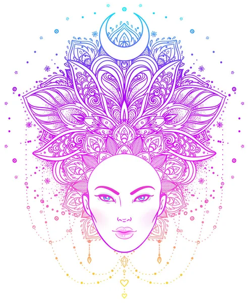 Tribal Fusion Boho Diva. Hermosa chica divina asiática con ornato — Vector de stock