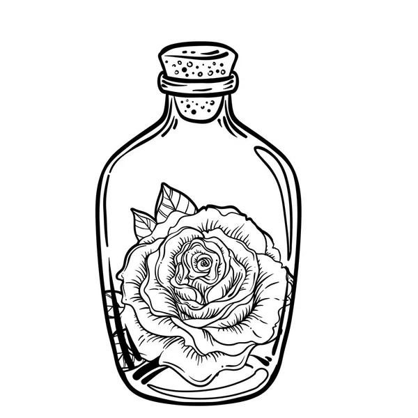 Blackwork tattoo flash. Τριαντάφυλλο λουλούδι μέσα στο μπουκάλι. Υψηλή λεπτομέρεια — Διανυσματικό Αρχείο