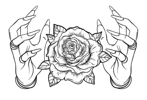 Astronomía Vintage: manos humanas con tatuaje Blackwork. Rose Flowe. — Vector de stock