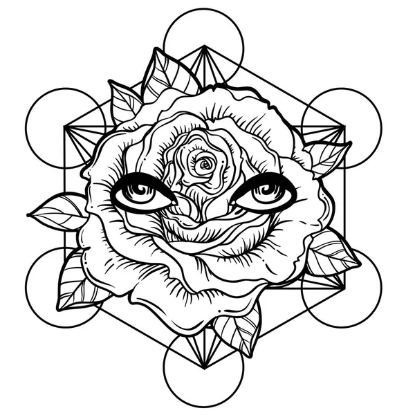 Flash de tatuagem Blackwork. Flor de rosa, geometria sagrada, olhos. Alto — Vetor de Stock