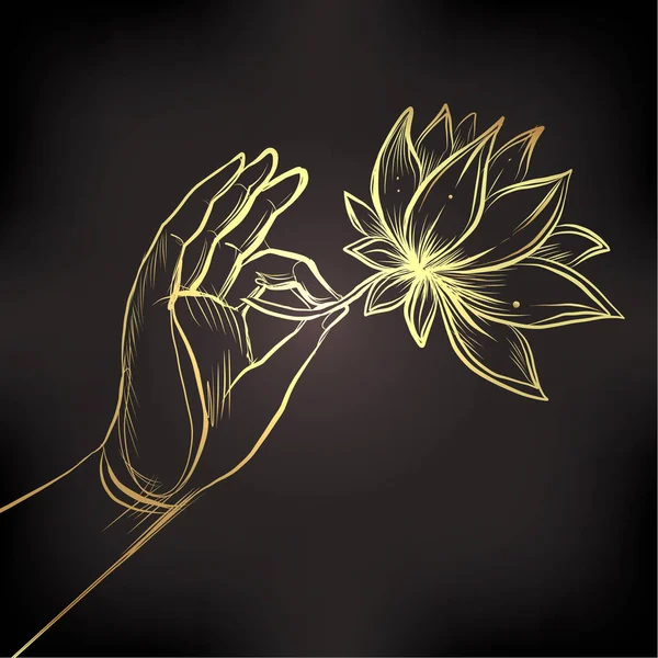 La mano del Señor Buda sosteniendo la flor de loto. Vector ilustración de — Vector de stock