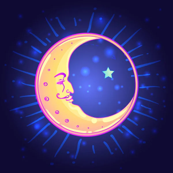 Vektorzeichnung des Mondes mit menschlichem Gesicht über dem Nachthimmel — Stockvektor