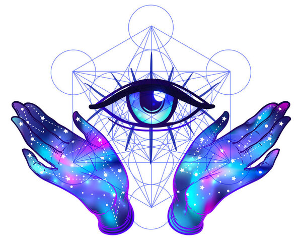 Female hands with galaxy inside open around masonic symbol. New 