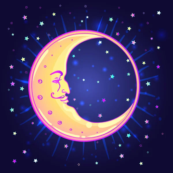 Wektor rysunek Księżyca z ludzką twarzą na tle niebo noc — Wektor stockowy