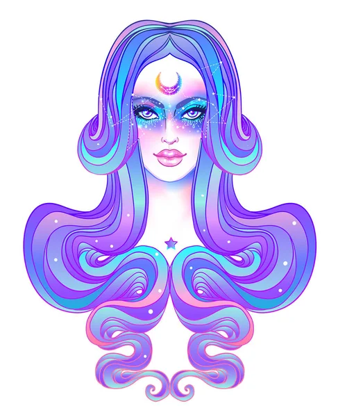 Mignon adolescent fille avec galaxie maquillage, teint cheveux violets et étoiles , — Image vectorielle
