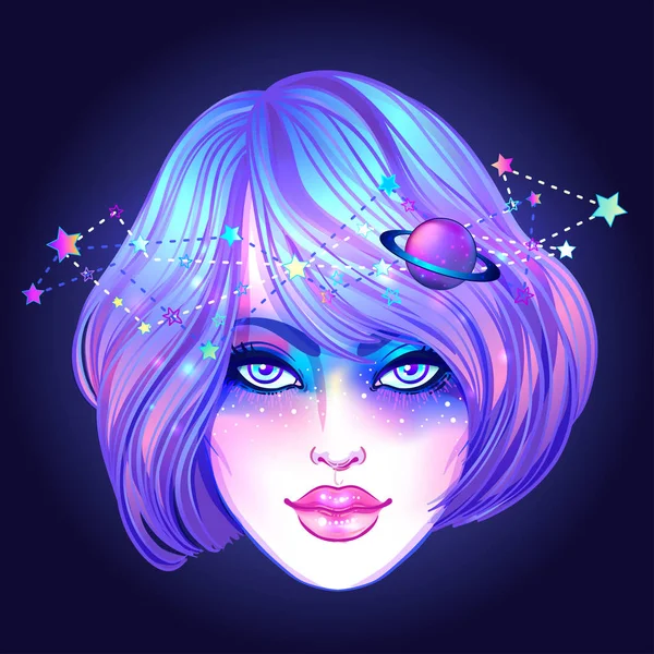 Mignon adolescent fille avec galaxie maquillage, teint cheveux violets et étoiles , — Image vectorielle