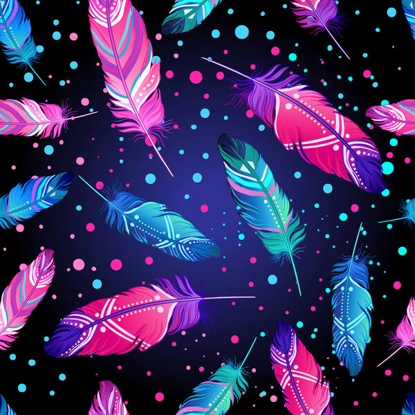 Ручной рисунок векторной бесшовной картины с раскрашенными птичьими перьями. T

