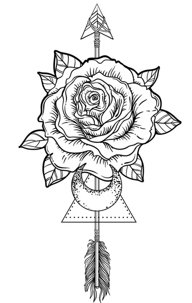 Tato hitam berkedip. Bunga mawar, panah dan bulan. Sangat meriah. Stok Ilustrasi 