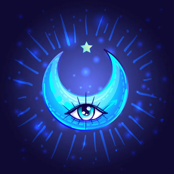 Mystic Crescent Moon with one eye in anime or manga style. Hand- Royalty Free Stock Vectors
