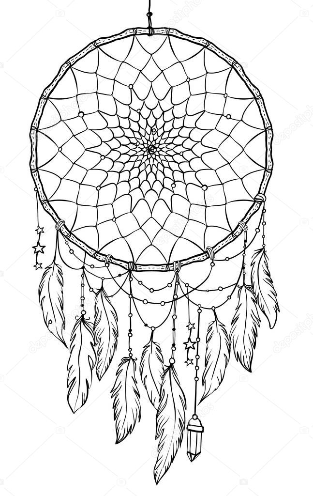 Hand drawn Native American Indian talisman dreamcatcher with fea