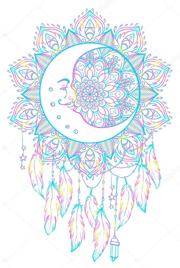  Hand drawn Native American Indian talisman dreamcatcher with fe