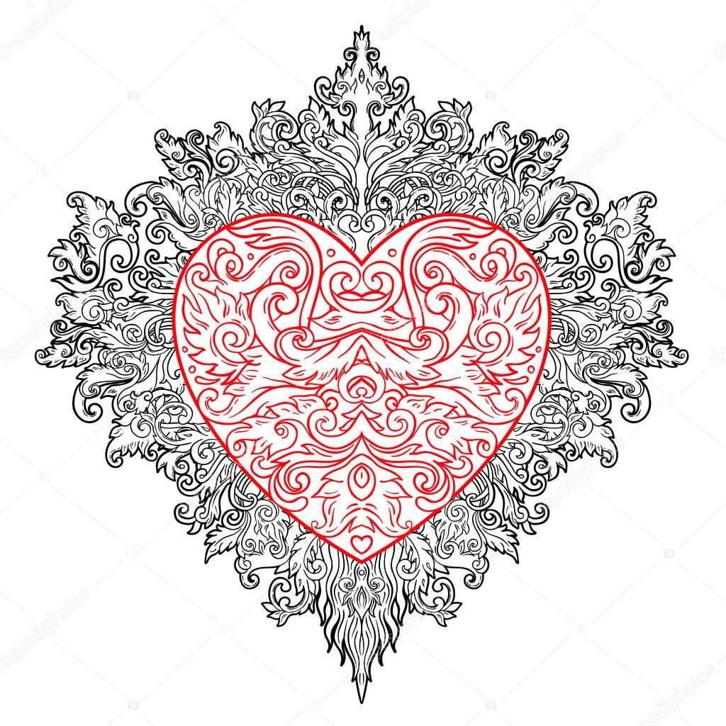 Ornamental Balinese style heart.  Vector Valentine's day ornate 