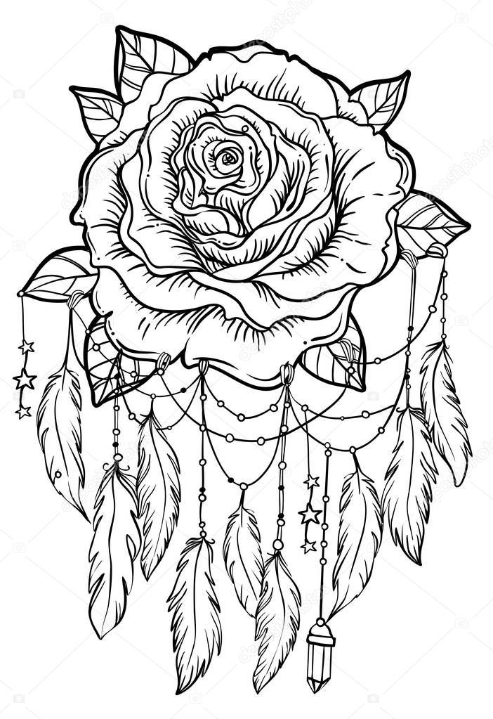 Dream catcher with rose flower, detailed vector illustration iso