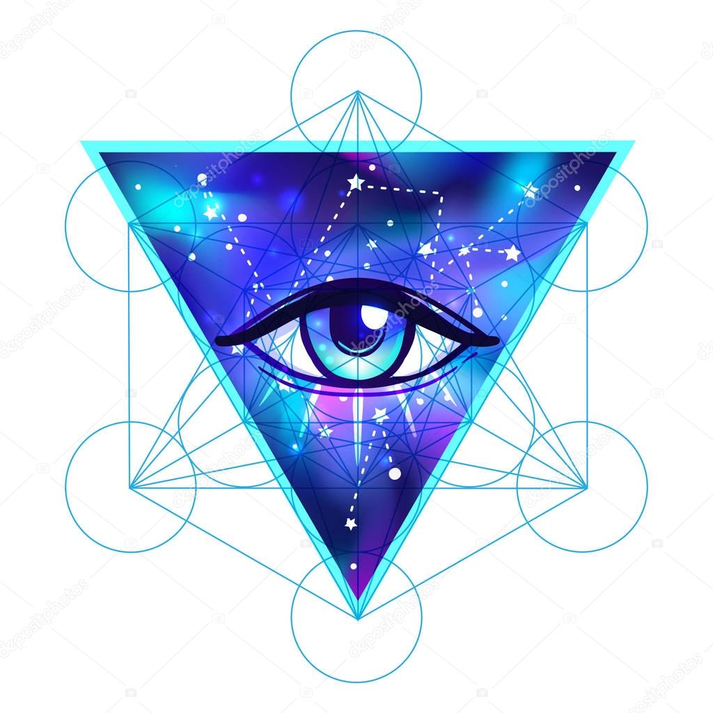 Vector bright colorful cosmos illustration. Abstract cosmic background with stars. Hand-drawn Eye of Providence. Alchemy, religion, spirituality, occultism, tattoo art. Conspiracy theory.
