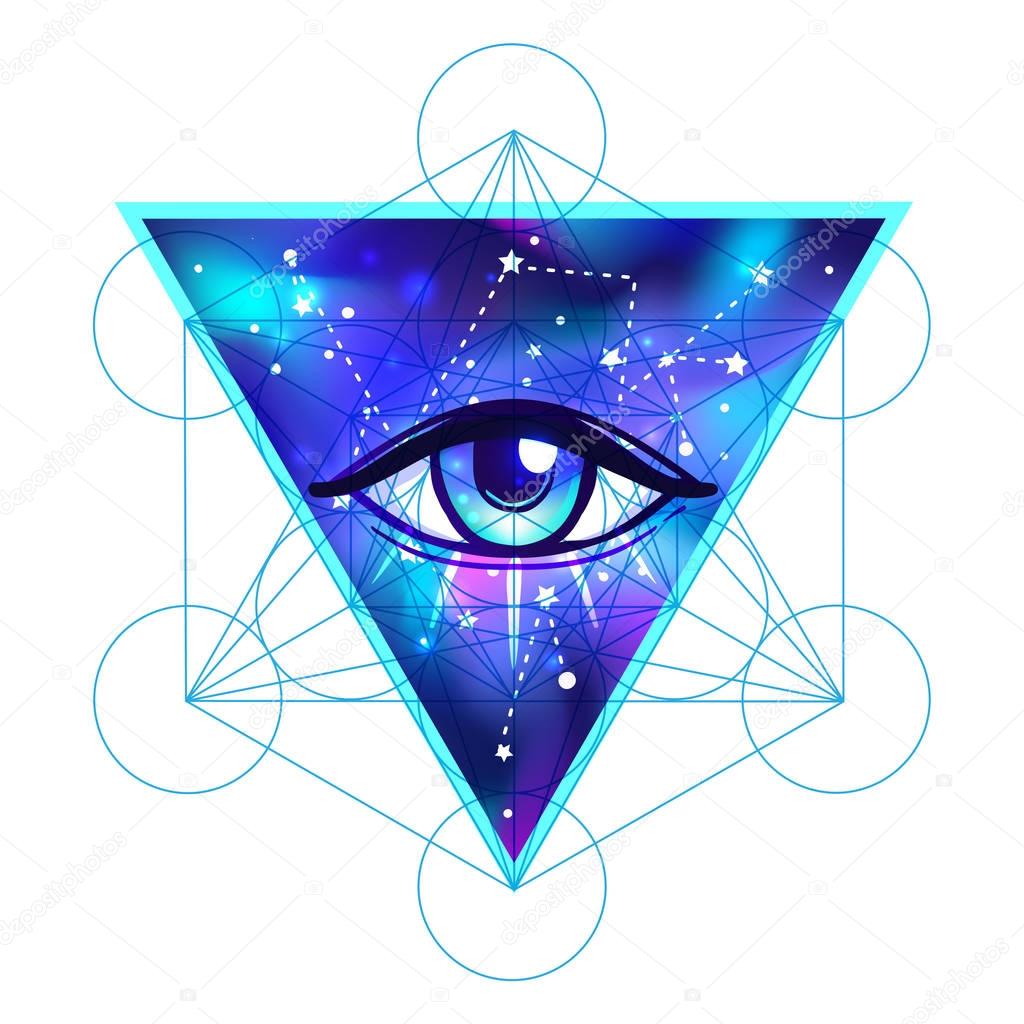 All seeing eye. Vector bright colorful cosmos illustration. Cosm