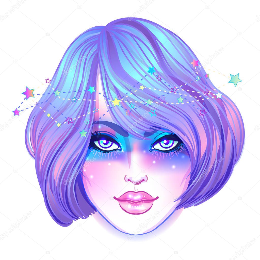 Cute teen girl with galaxy make up, dyed purple hair and stars, 
