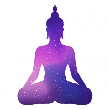 Buddha ile yer ve yıldız dışında oturan beyaz siluet.