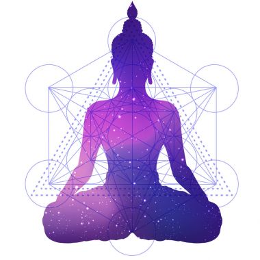 Buddha ile yer ve yıldız dışında oturan beyaz siluet.