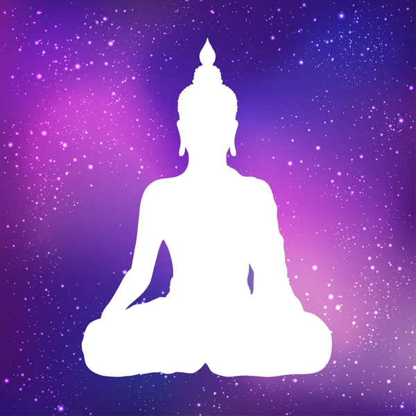 Weiße Silhouette des sitzenden Buddhas mit Raum und Sternen draußen. — Stockvektor