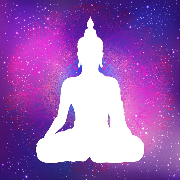 Witte silhouet van Boeddha zittend met ruimte en sterren buiten. — Stockvector