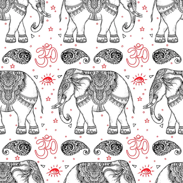 Bellissimo elefante in stile tribale disegnato a mano. Motivo senza cuciture des — Vettoriale Stock