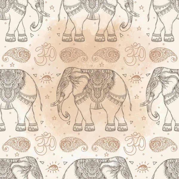 Hermoso elefante de estilo tribal dibujado a mano. Patrón sin costuras des — Vector de stock